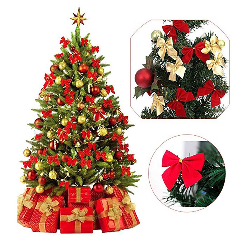12pcs Gold Christmas Tree Bowknot Xmax Tree Hanging Decorations Xmas Home DIY Ornament Festival Party New Year Decors